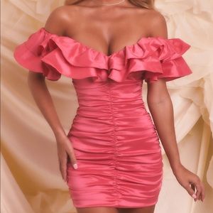BARDOT RUFFLE MINI DRESS IN HOT PINK